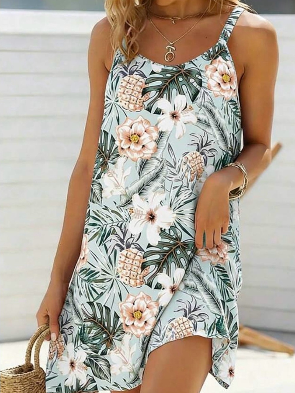 Tropical Pineapple & Floral Slip Dress - Mint Green